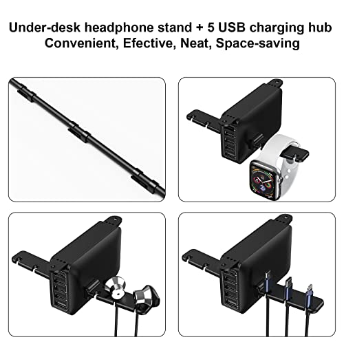 PC Gaming Headphone Headset Hook Hanger Holder Stand Mount, HORUMP Dual Headset Holder Under Desk with 5 Ports USB Charging Station, Headphone Stand with Cable Clip Organizer