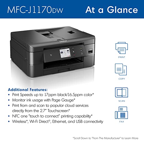 Brother MFC-J1170DW Wireless Color Inkjet All-in-One Printer with Mobile Device Printing, NFC, Cloud Printing & Scanning