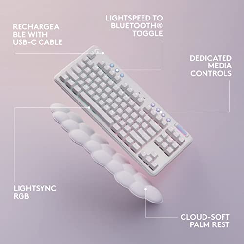 Logitech G715 Wireless Mechanical Gaming Keyboard with LIGHTSYNC RGB Lighting, Lightspeed, Clicky Switches (GX Blue), and Keyboard Palm Rest, PC and Mac Compatible, White Mist
