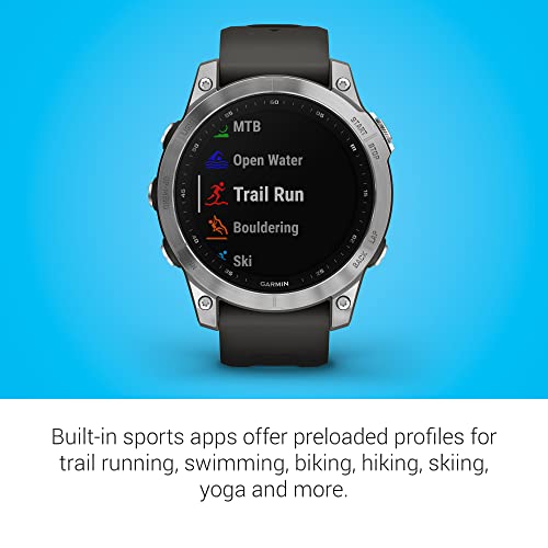 Garmin fenix 7, adventure smartwatch, rugged outdoor watch with GPS, touchscreen, health and wellness features, silver with graphite band