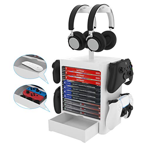 EJGAME Multifunctional Game Disk Storage Tower Holder for PS5,Game Disk Rack and Controller/Headset Stand Holder Compatible with Xbox Series X/Nintendo Switch/PS4-White