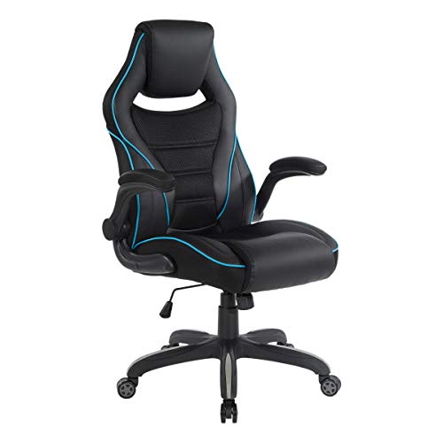 OSP Home Furnishings Xeno Ergonomic Adjustable Faux Leather Gaming Chair with Integrated Headrest and Airflow Cooling Material, Black with Blue Accents