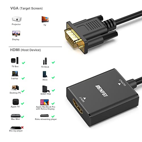 HDMI to VGA, BENFEI HDMI to VGA Adapter (Female to Male) with 3.5mm Audio Jack Compatible for TV Stick, Computer, Desktop, Laptop, PC, Monitor, Projector, Raspberry Pi, Roku, Xbox and More - Black