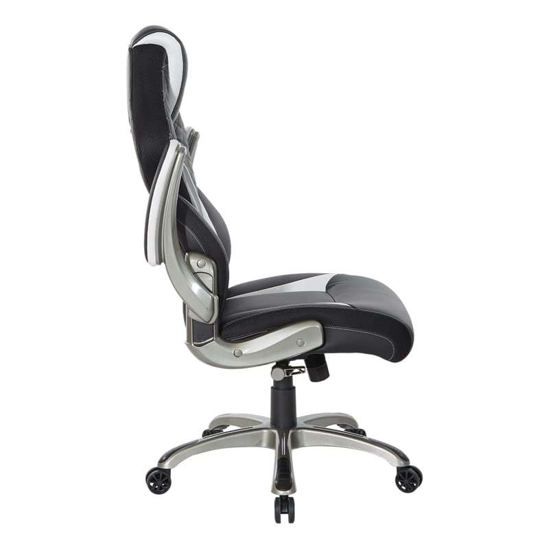 OSP Home Furnishings Oversite Ergonomic Adjustable High Back Faux Leather Gaming Chair with Thick Coil Spring Seat and Padded Flip Arms, White Accents