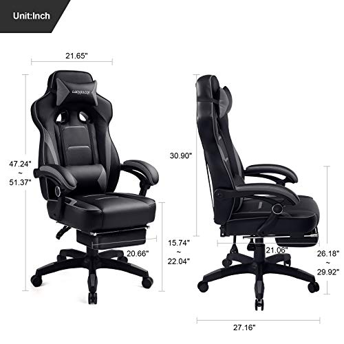 Luckracer Gaming Chair with Footrest Office Desk Chair Ergonomic Gaming Chair Pu Leather High Back Adjustable Swivel Lumbar Support Racing Style E-Sports Gamer Chairs Gray