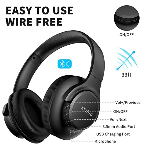 Bluetooth Headphones Over Ear,KVIDIO 55 Hours Playtime Wireless Headphones with Microphone,Foldable Lightweight Headset with Deep Bass,HiFi Stereo Sound for Travel Work Laptop PC Cellphone