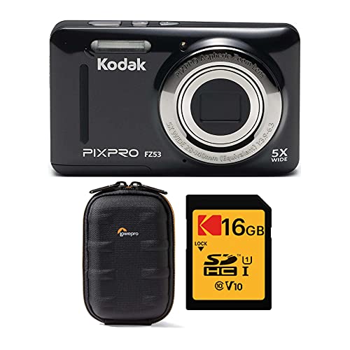 Kodak PIXPRO Friendly Zoom FZ53 Digital Camera (Black) with Lowepro Santiago 20 II Case and 16GB SD Card Bundle (3 Items)