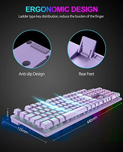 NPET K10 Gaming Keyboard, RGB Backlit, Spill-Resistant Design, Multimedia Keys, Quiet Silent USB Membrane Keyboard for Desktop, Computer, PC (Purple)