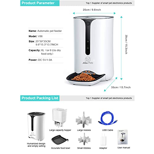 Alla Pets WiFi/HD Video Automatic Cats and Dogs Feeder w/ Camera, 6L Auto Pet Dry Food Dispenser 1~39 Portions Meal for Small and Large Pets, Remote APP Control Feeding Schedule, Infrared, White
