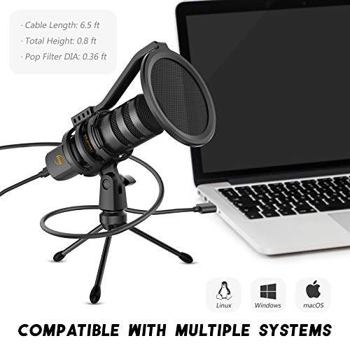 USB Microphone ZINGYOU Computer Gaming Microphone Condenser Microphone 192kHz/24bit for Streaming Podcast YouTube Skype Twitch Compatible Windows macOS Laptop PC, ZY-UD1 Black