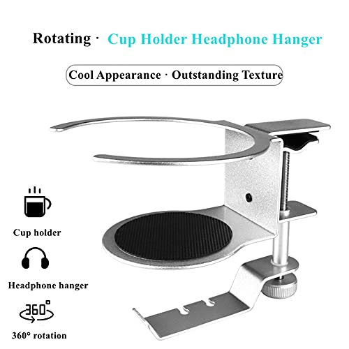 MXiiXM Cup Holder for Desk Headset Hanger 2 in 1 for PC Gaming, Multi-Functional Headphone Holder Headset Stand with Rubber Pad and 360° Rotating Bracket, Under Desk Design,Universal Fit (Silver)