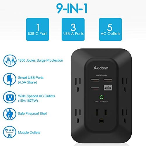 2 Pack USB Wall Charger Surge Protector, 5 Outlet Extender with 4 USB Charging Ports ( 1 USB C Outlet) 3 Sided 1800J Power Strip Multi Plug Outlets, Wall Adapter Spaced for Home Office, Black