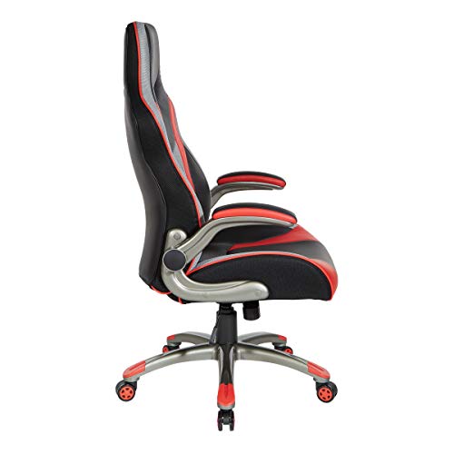 OSP Home Furnishings Uplink Ergonomic Adjustable High Back Faux Leather Gaming Chair with Thick Coil Spring Seat and Padded Flip Arms, Red Trim