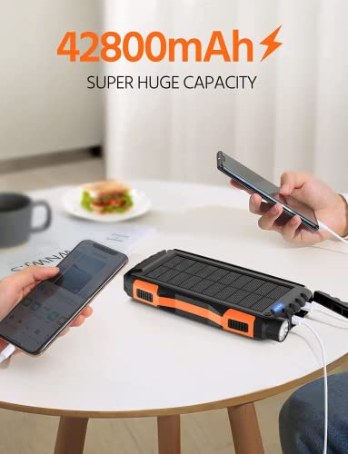 Solar Power Bank,Solar Charger,42800mAh Power Bank,Portable Charger,External Battery Pack 5V3.1A Qc 3.0 Fast Charging Built-in Super Bright Flashlight(Orange)
