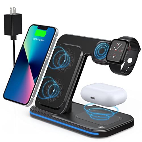 Wireless Charger, 3 in 1 Fast Wireless Charging Station, 18W Charging Stand Foldable Compatible with iPhone 13/12/11 (Pro, Pro Max)/XS/XR/XS/X/SE/8(Plus), iWatch 7/6/SE/5/4/3/2, AirPods 3/2/Pro