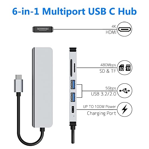 USB C Hub Multiport 6 in 1 USB C Adapter with 4K HDMI, SD/TF Card Reader, USB 3.0/2.0 Ports, Type C 100W PD Quick Charging Compatible for MacBook Pro and More Type C Laptop Devices