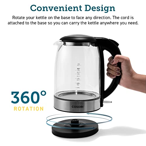 COSORI Electric Kettle with Stainless Steel Filter and Inner Lid, 1500W Wide Opening 1.7L Glass Tea Kettle & Hot Water Boiler, LED Indicator Auto Shut-Off & Boil-Dry Protection, BPA Free, Matte Black