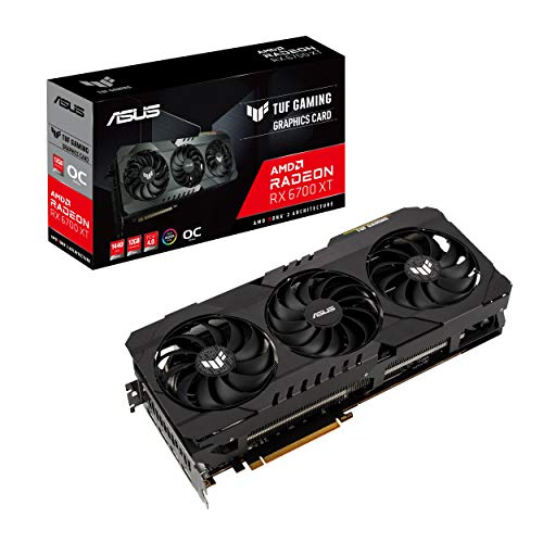 ASUS TUF Gaming AMD Radeon RX 6700 XT OC Edition Graphics Card AMD RDNA 2, PCIe 4.0, 12GB GDDR6, HDMI 2.1, DisplayPort 1.4a, Dual ball fan bearings, all-aluminum shroud, reinforced frame, GPU Tweak II