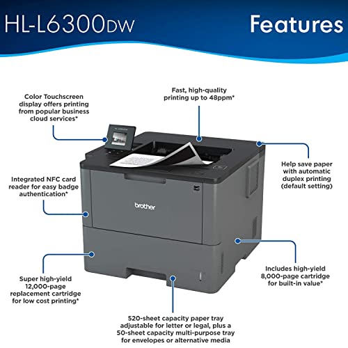 Brother HL-L6300DWB Wireless Single-Function Monochrome Laser Printer, Gray - Print only - 48 ppm, 1200x1200 dpi, 8.5x14, 256MB Memory, Auto Duplex Printing, 520 Sheet, Ethernet, Cbmoun Printer Cable