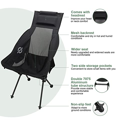 Drafitorts Ultralight Camping Chair, Compact Portable High-Back Foldable Chair with Headrest, Extra Inflatable Pillow & Carry Bag for Camping Fishing Backpacking Lawn & Beach