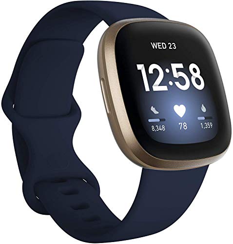 Fitbit Versa 3 Health & Fitness Smartwatch W/ Bluetooth Calls/Texts, Fast Charging, GPS, Heart Rate SpO2, 6+ Days Battery (S & L Bands, 90 Day Premium Included) International Version (Blue/Gold)