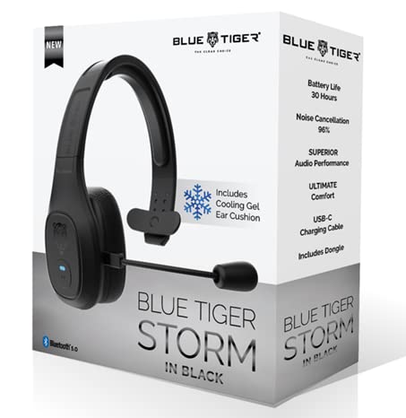 Blue Tiger Storm in Black - Wireless Bluetooth Professional Trucker and Office Headset with Microphone, Dongle & Cooling Gel Ear Cushion – Fastest Charge, Noise Cancelling, Clear Sound, Bluetooth 5.0
