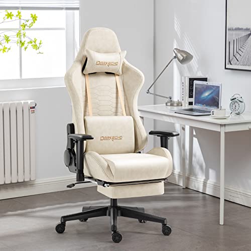 Darkecho Gaming Chair Office Chair with Footrest Massage Vintage Leather Ergonomic Computer Chair Racing Desk Chair Reclining Adjustable High Back Gamer Chair with Headrest and Lumbar Support Ivory