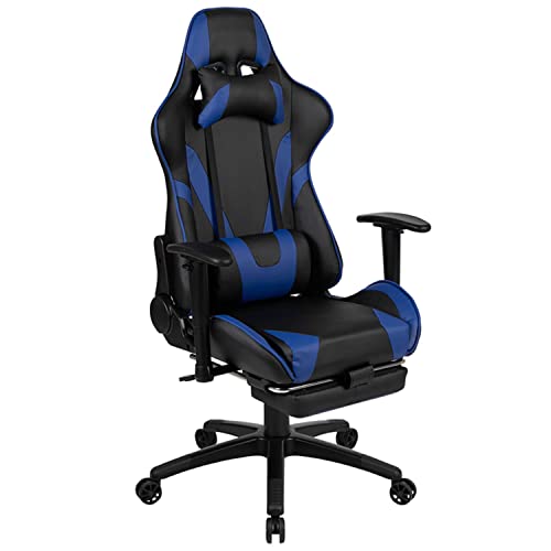 Flash Furniture X30 Gaming Chair Racing Office Ergonomic Computer Chair with Fully Reclining Back and Slide-Out Footrest in Blue LeatherSoft