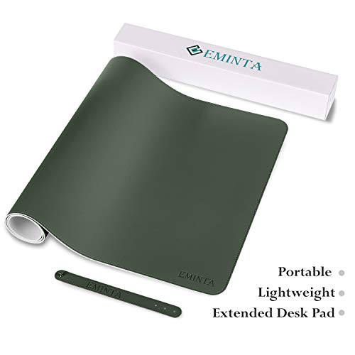 Office Desk Pad Desktop Protector, Upgrade Sewing Edge 35.4 x 17Inch PU Leather Desk Mat, Gaming Mouse Pad, Waterproof Desk Blotter Pad, Double Sides(Dark Green/Gray)