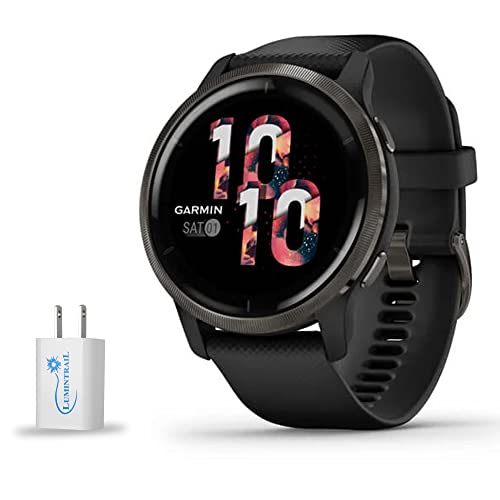 Venu 2, GPS Smartwatch, Slate Bezel with 45 MM Black Case and Silicone Band, Always-On AMOLED Display, Advanced Health Monitoring and Fitness Features, with a Lumintrail USB Wall Plug