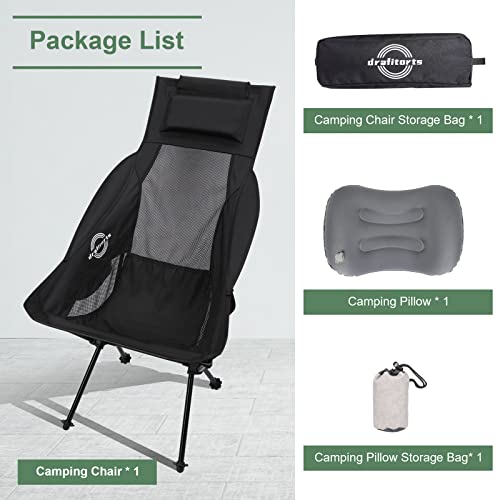 Drafitorts Ultralight Camping Chair, Compact Portable High-Back Foldable Chair with Headrest, Extra Inflatable Pillow & Carry Bag for Camping Fishing Backpacking Lawn & Beach