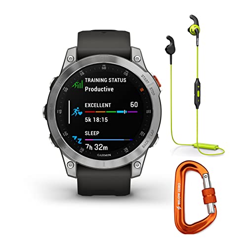 Garmin Epix Gen 2 Smartwatch (Slate Steel) Bundle with Philips Wireless Headphones (Black/Lime Green) and Below Zero 12kN Heavy Duty Carabiner (3 Items)