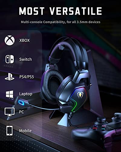 Gaming Headset for Xbox One Series X/S PS4 PS5 PC Switch, Noise Canceling Headphones with Microphone, 3.5mm Audio Jack, Auto-Adjust Headband, RGB Light, Lightweight Wired Gaming Headphones