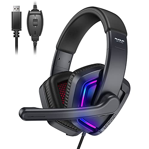 AUOUA Gaming Headset USB │ 7.1 Surround Sound Stereo,Over Ear AUOUA Wired Gaming Headphone with Noise Cancelling Mic, RGB Lights, │Memory Foam Earmuffs, Compatible with PC Game, PS4/5, Laptop Gamer