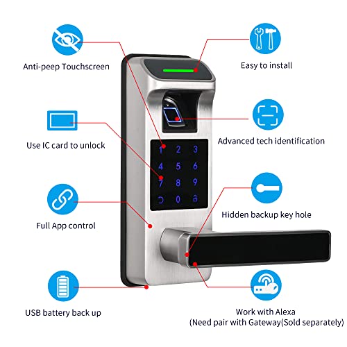 Fingerprint Door Lock, Keyless Entry Door Lock, 5 in 1 Smart Door Lock with Touchscreen Keypad, Keyless Lock with Reversible Handle, Keypad Door Lock, Electronic Digital Lock (Satin Nickel)