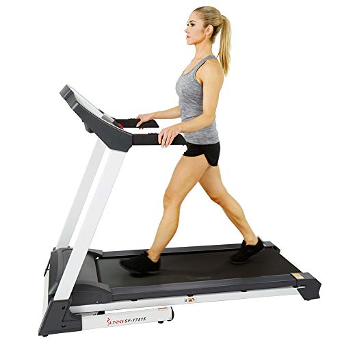 Sunny Health & Fitness SF-T7515 Smart Treadmill with Auto Incline, Speakers, Bluetooth, LCD and Pulse Monitor, Phone Function, 240 LB Max Weight , grey