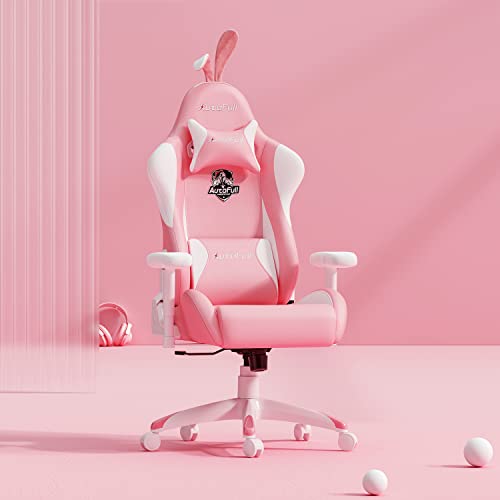 AutoFull Pink Bunny Gaming Chair Cute Kawaii Gamer Chair for Girl Ergonomic Computer Gaming Chair with Lumbar Support PU Leather High Back Racing Gaming Chairs