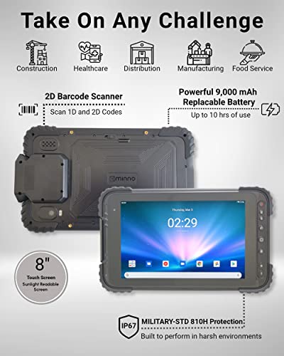 Rugged Tablet for Enterprise Mobile Field Work (Android) - 8" Inch + 2D Scanner, 4GB RAM/64GB, Android 10, Sunlight Readable, 16MP Camera, NFC, GPS, 4G LTE, IP67, Dust/Drop/Water Proof