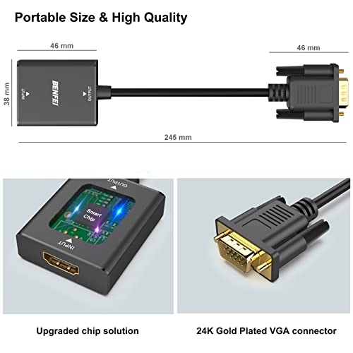 HDMI to VGA, BENFEI HDMI to VGA Adapter (Female to Male) with 3.5mm Audio Jack Compatible for TV Stick, Computer, Desktop, Laptop, PC, Monitor, Projector, Raspberry Pi, Roku, Xbox and More - Black