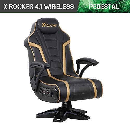 X Rocker 5152301 Trident Pedestal 4.1 Wireless, 31.89" x 25.98" x 40.55", Black/Gold & Wireless Pedestal SE 2.1 PC Office Gaming Chair, 30.7" x 23.2" x 39.76", Black