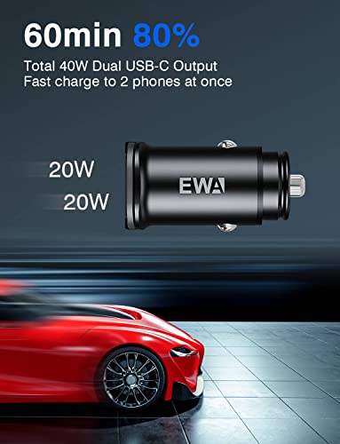 EWA USB C Car Charger, 40W(20W+20W) Dual PD Port Smallest iPhone 13 Car Charger, All Metal Car Charger Adapter, Fast Charging Compatible with iPhone 13/12/Pro/Pro Max/Mini/MagSafe, Galaxy S20/S10