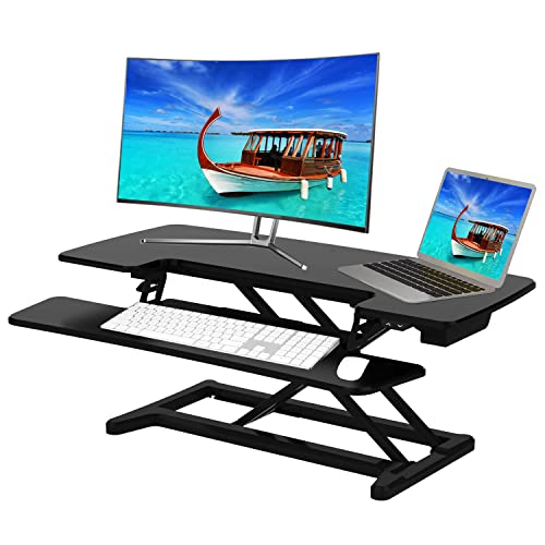 [Electric] Aveyas 32 inch Standing Desk Converter, Height Adjustable Ergonomic Sit to Stand Up Riser, Dual Monitor Lift Computer Workstation for Home Offcie Cubicle Table Desktop (Black)