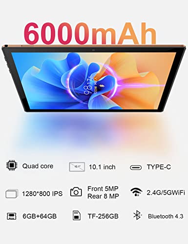 Tablet 10.1 inch Android 11 Tablet 2022 Latest Update Quad-core Processor 6GB RAM 64GB ROM(256GB Expandable), Dual 8MP+5MP Camera, WiFi, Bluetooth, IPS Full HD Display (Orange)