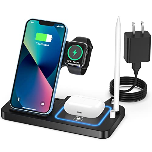 Wireless Charger, Popveen 4 in 1 Wireless Charging Station Compatible with iPhone 13/12/11/ iWatch/Airpods/Apple Pencil 1, 18W Fast Charging Stand Fit with iPhone Series and Other QI Enabled Phone