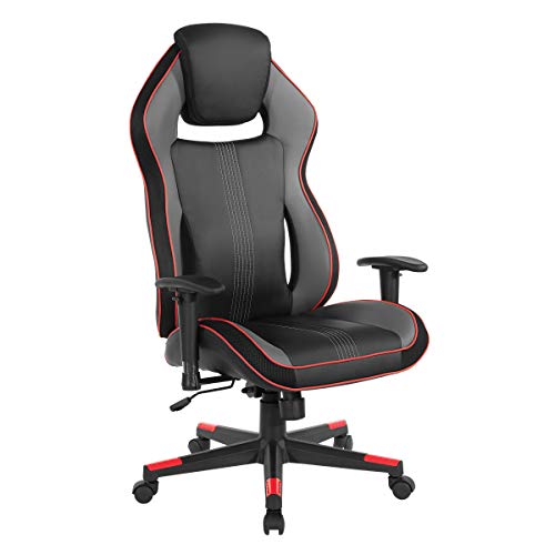 OSP Home Furnishings BOA II Ergonomic Adjustable High Back Gaming Chair with Thick Padded Coil Spring Seat, Built-in Lumbar Support and Headrest, Black with Red Accents