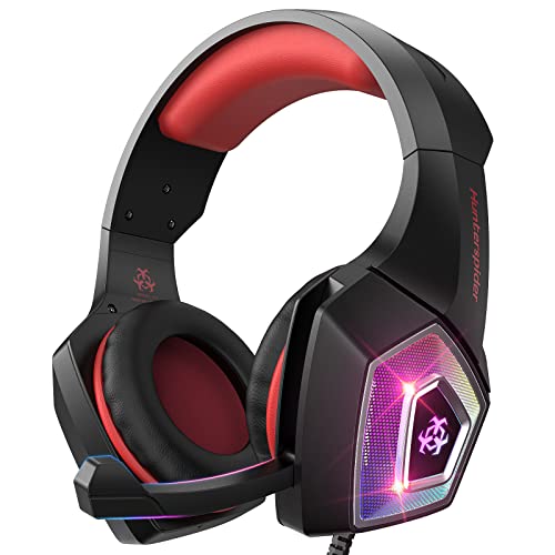 PS4 Gaming Headset, Hunterspider Gaming Headphones with Microphone, Noise Cancelling Stereo 7.1 Surround Sound Headset with Mic for Xbox PC, Unique 7 RGB Light.