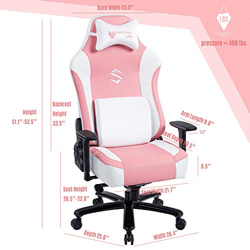 FANTASYLAB Big and Tall 400lb Massage Memory Foam Gaming Chair Adjustable Tilt, Back Angle and 3D Arms High-Back Leather Racing Executive Computer Desk Office Chair, Metal Base (Pink)