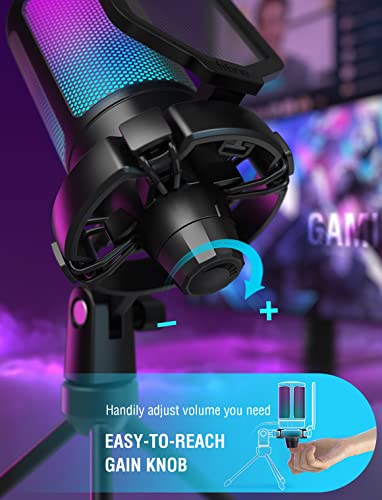 Gaming USB Microphone for PC PS5, FIFINE Condenser Mic with Quick Mute, RGB Indicator, Tripod Stand, Pop Filter, Shock Mount, Gain Control for Streaming Discord Twitch Podcasts Videos- AmpliGame