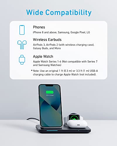 Anker Foldable 3-in-1 Wireless Charging Station with Adapter, 335 Wireless Charger, Works with iPhone 13/13 Pro Max, AirPods Pro, Apple Watch Series 1-6 (Watch Charging Cable Not Included)