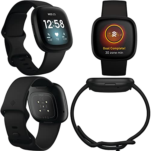 Fitbit Versa 3 Health & Fitness Tracker Smart Watch (Black) with Built-in GPS, Alexa, 24/7 Heart Rate, S & L Bands, Bundle with Charge Dock, Wall Adapter, Screen Protectors & PremGear Cloth for Fitbit